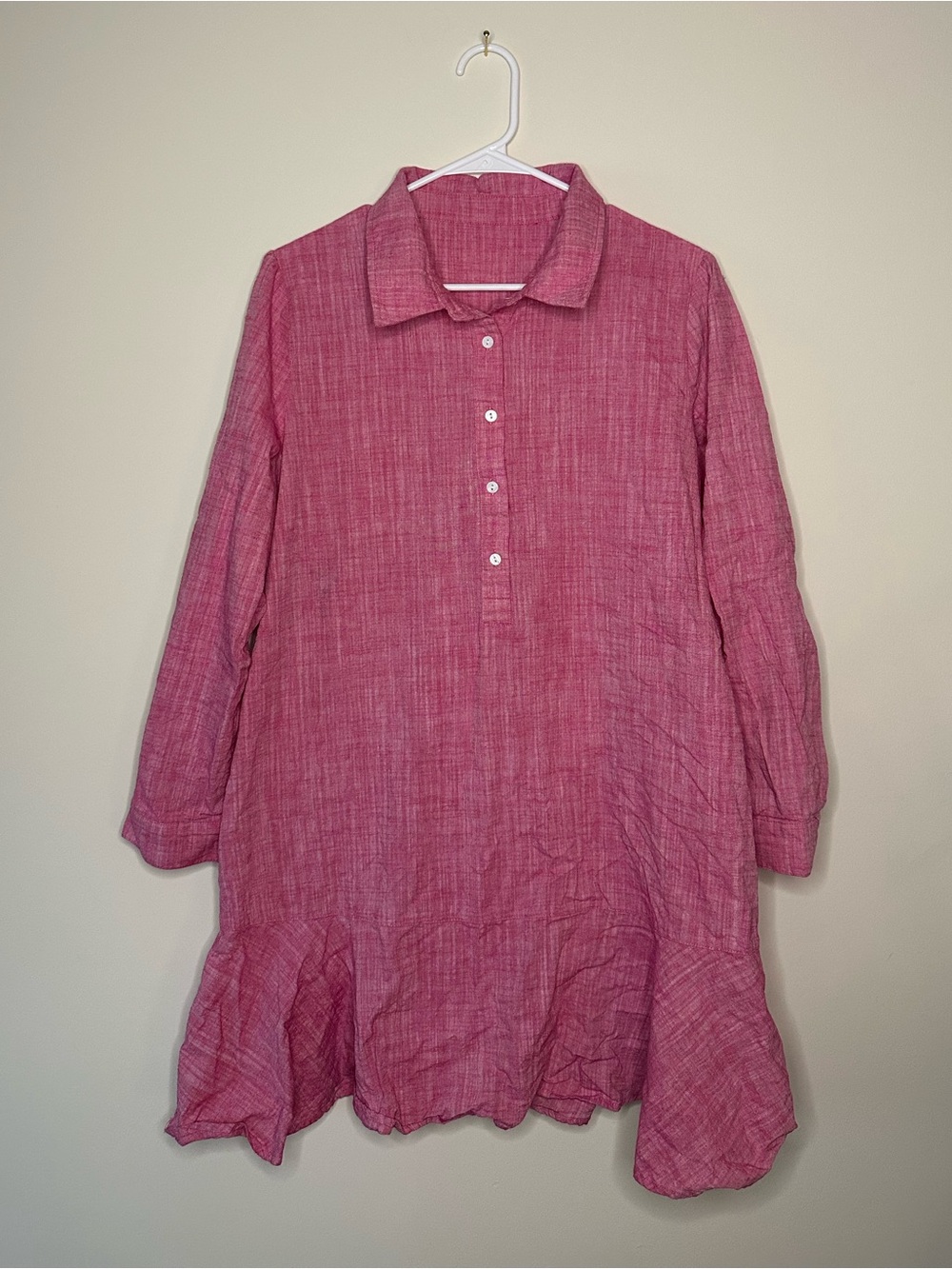 Pink Linen Button-Front Women's Dress